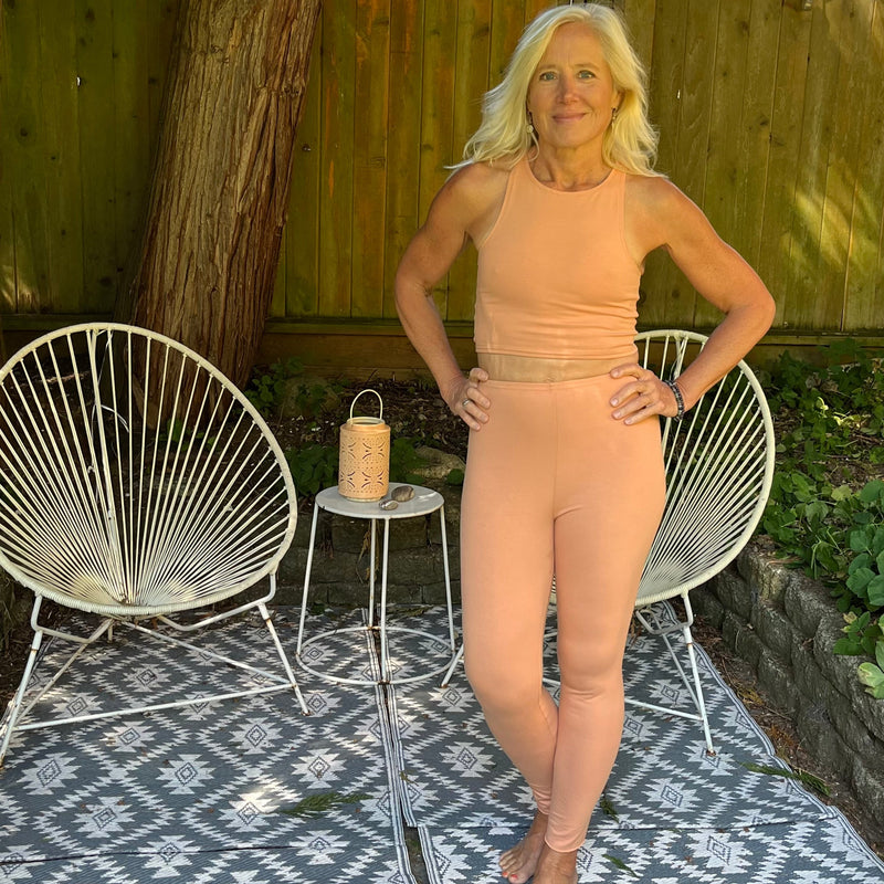 natural fiber workout wear.  cotton lycra peach coloured bra top + leggings 