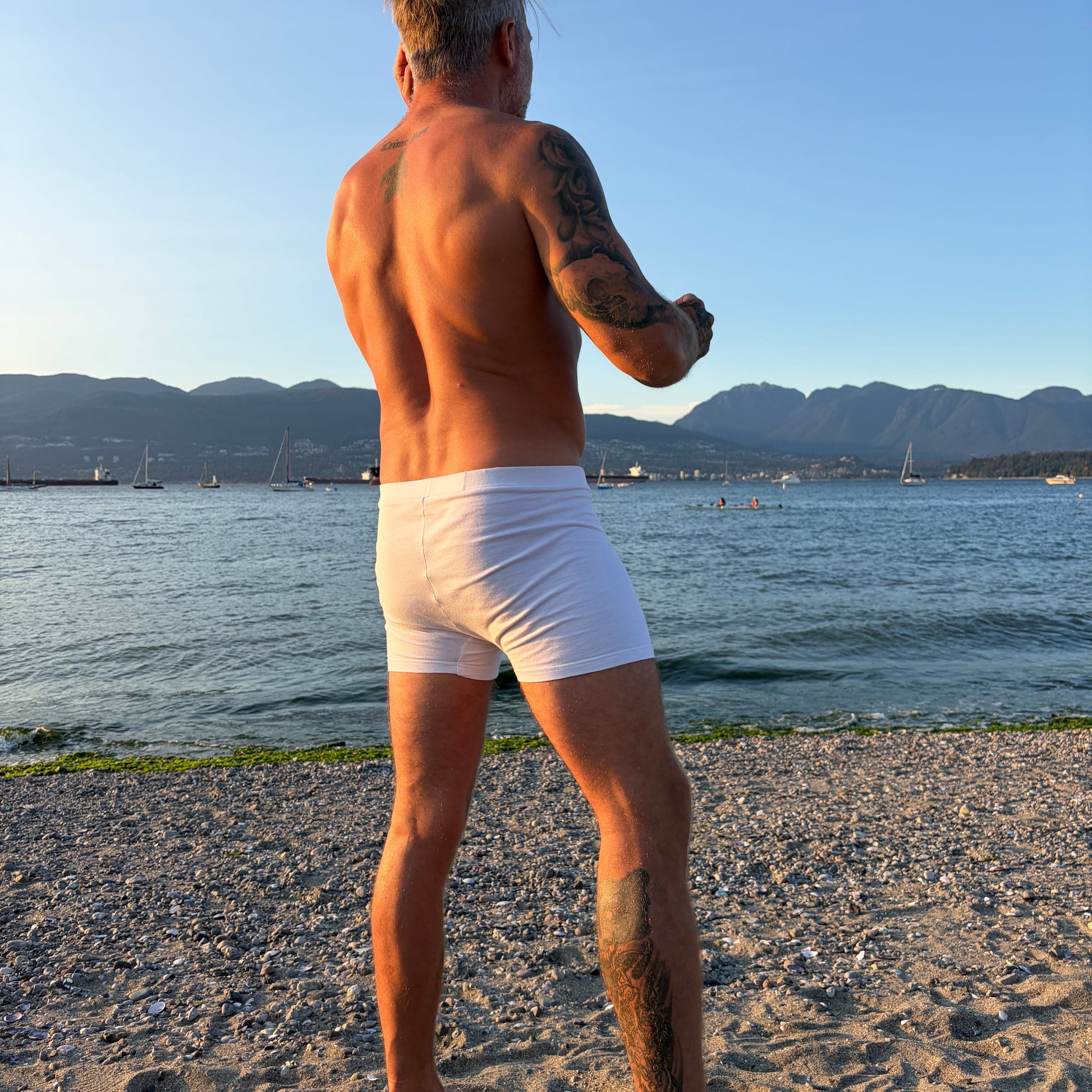 A man standing on a sandy beach facing the water, viewed from behind, wearing white boxer briefs. The background features a calm sea, distant mountains, and a clear blue sky.