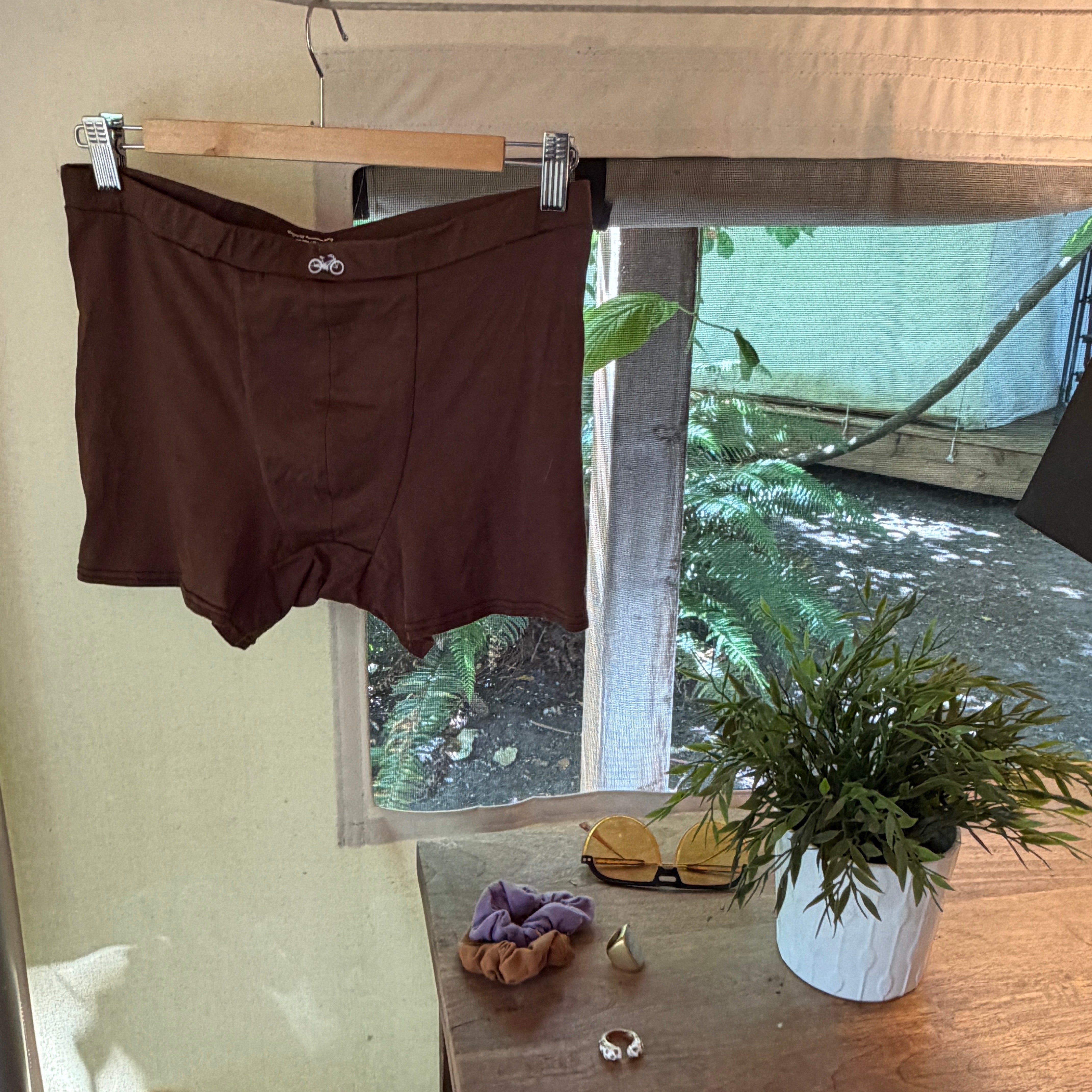Brown boxer briefs hanging to dry on a rack with a glamping tent window and plant in the background