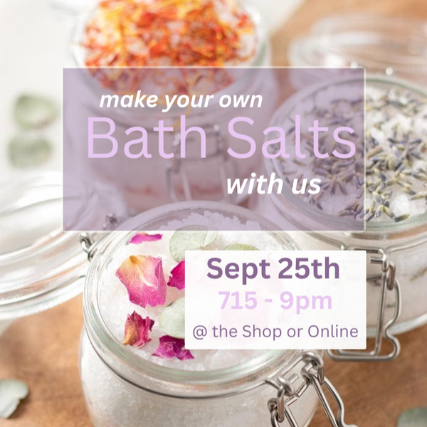 Promotional flyer for making bath salts with a jar of bath salts on a wooden surface.