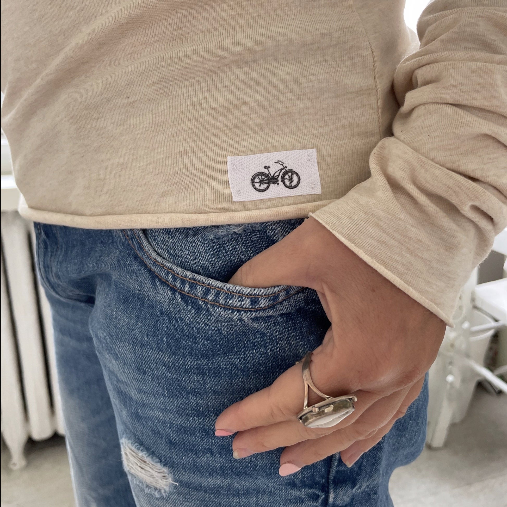 Longsleeve Perfect T ~ extra long sleeves unfinished hem, bicycle label