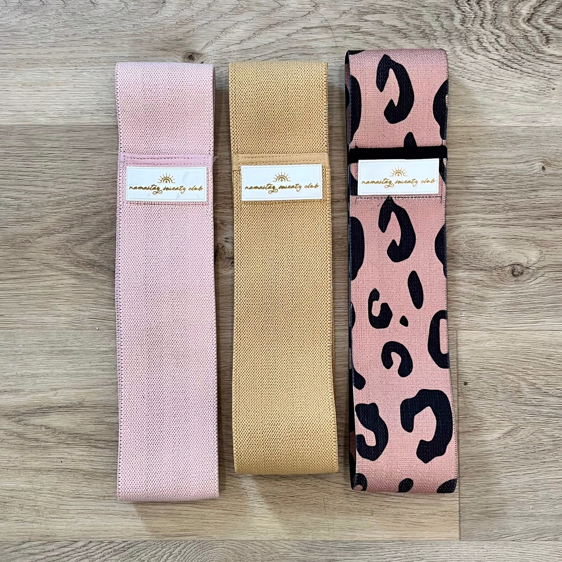 Namastay Sweaty Club Resistance Band Trio Gold, Pink & leopard print. cloth upper 