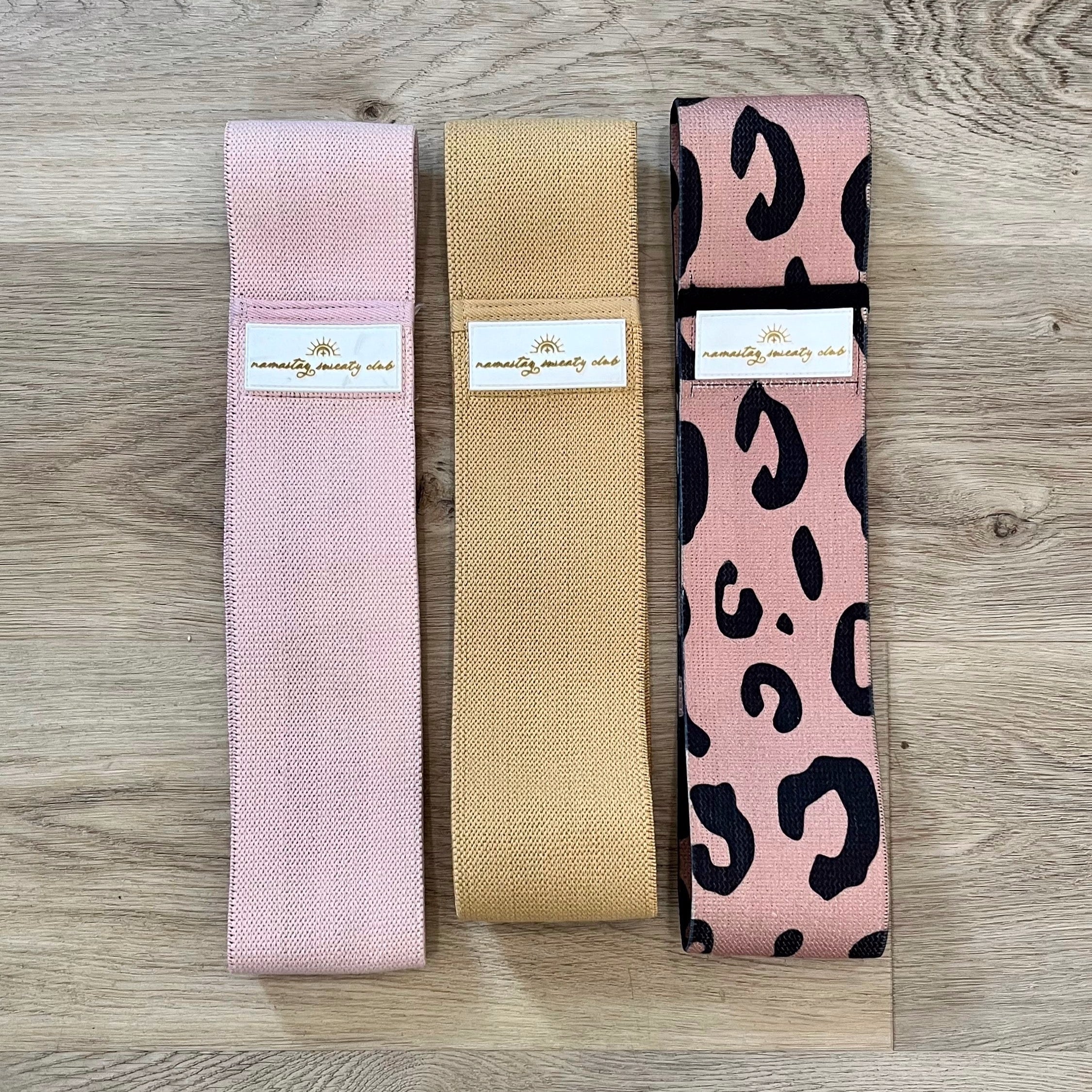 Namastay Sweaty Club Resistance Band Trio Gold, Pink & leopard print. cloth upper 